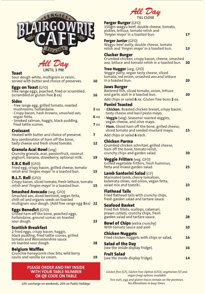 Menu Blairgowrie Cafe Home of the Ferger Burger